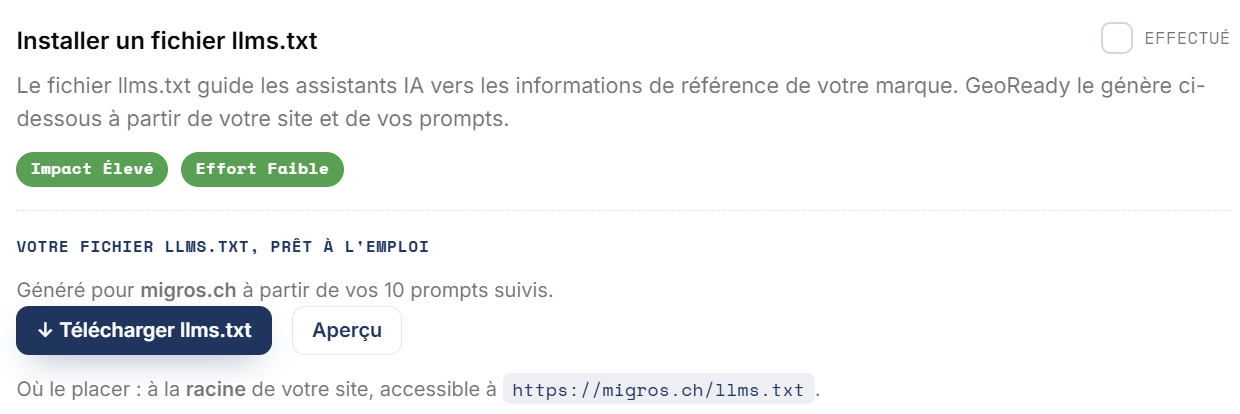 Exemple de recommandations d'actions